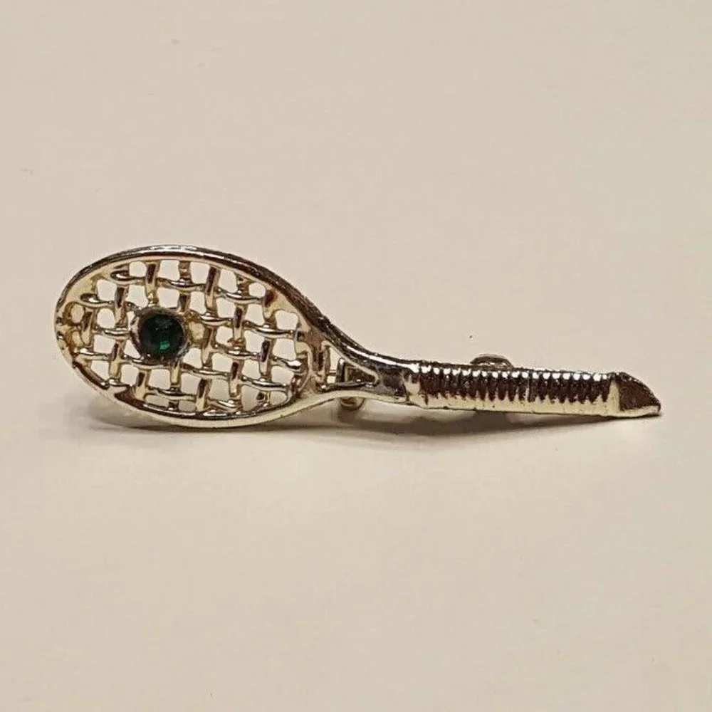 Vintage Brooch Lapel Pin Tennis Racket With Emerald Green Stone Silver Tone - Picture 5 of 9